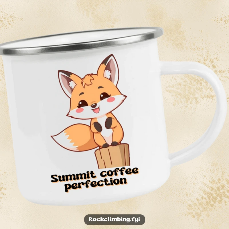 Funny Fox Camping Mug showing a cheerful fox with a big toothy grin, perched high, ready for outdoor escapades.