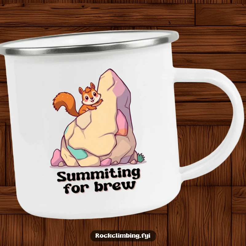 Funny giddy squirrel camping mug featuring a smiling squirrel climbing a colorful cartoon rock, for outdoor use.