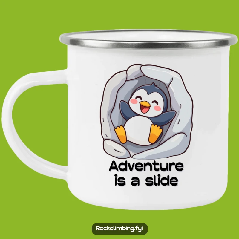 Funny Joyful Penguin Sliding Camping Mug - Adventure Fuel for Fun Lovers