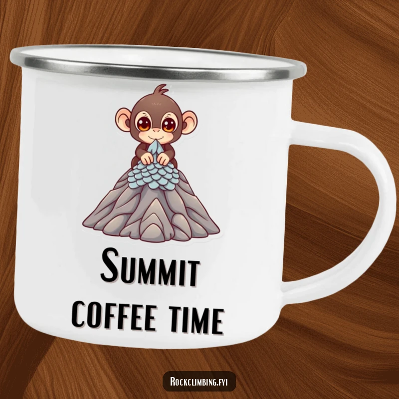 Funny Camping Mug showing a cute monkey with bright eyes scaling a miniature mountain peak, perfect for outdoor adventure.