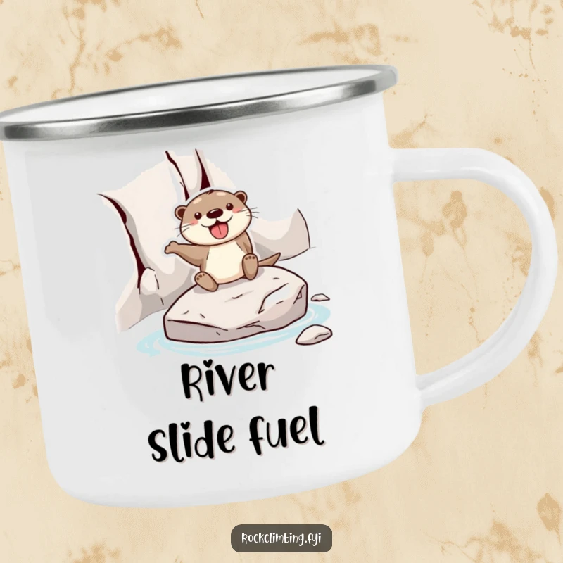 Funny otter camping mug showing a joyful otter sliding down a rock face on a stone, ideal for outdoor use with a humorous twist.