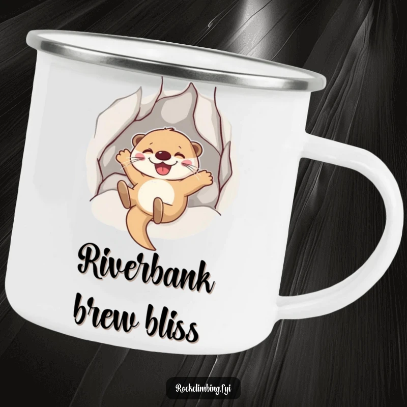 Funny Otter Sliding Camping Mug: A joyful otter grins sliding down a rock, ideal for playful outdoor adventures.