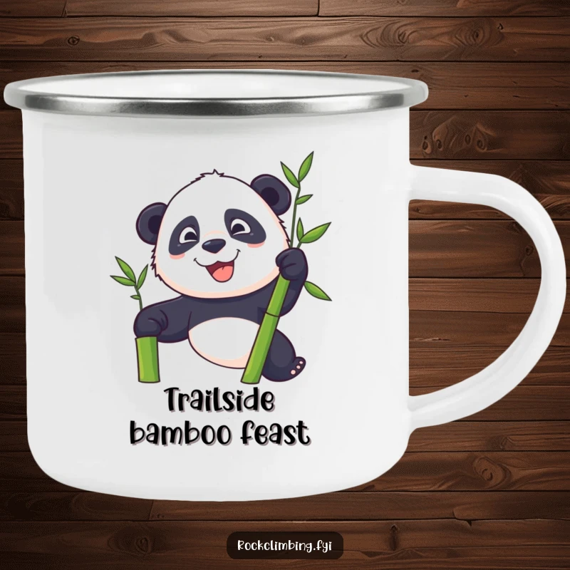 Funny panda determinedly climbing a bamboo stalk on a durable camping mug, for nature lovers.
