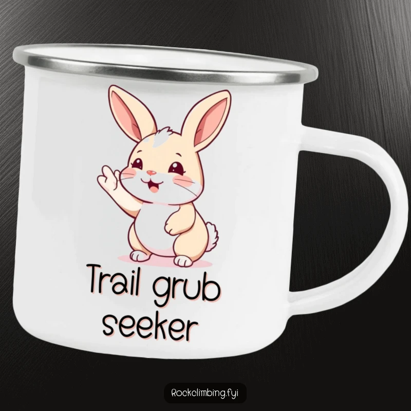 Funny rabbit climbing camping mug showing a rabbit reaching for a handhold. Durable and humorous, perfect for outdoor adventures.