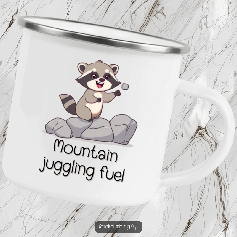 Funny raccoon camping mug showing a giggling raccoon juggling rocks while climbing, ideal for outdoor use with a humorous twist.