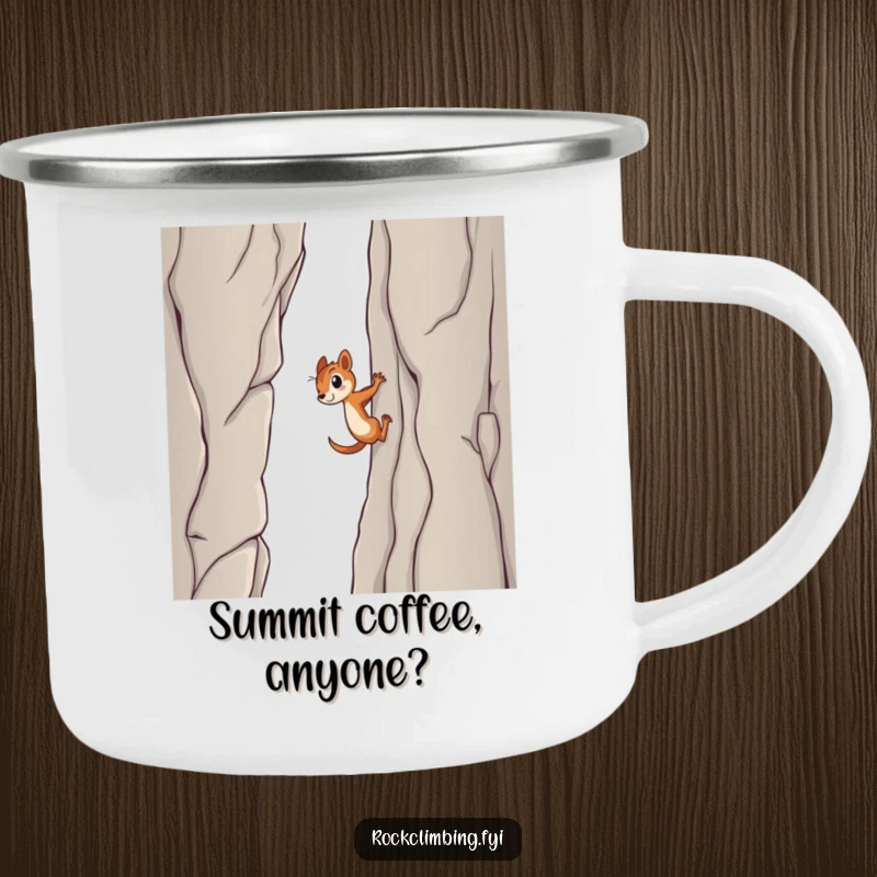 Funny squirrel camping mug, depicting a determined squirrel heroically scaling a sheer cliff, ideal for outdoor adventures and humorous moments.
