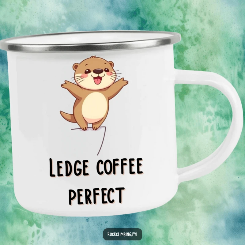 Funny cheerful otter balancing precariously on a narrow ledge with arms outstretched, looking happy and adventurous, a durable funny mug.