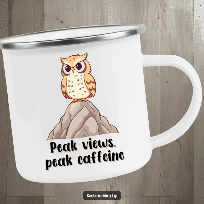 Funny owl camping mug featuring a proud bird on a rocky peak, perfect for outdoor enthusiasts who appreciate humor and nature.