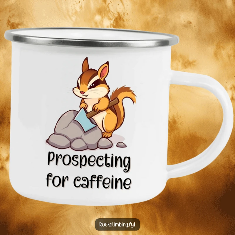 Funny camping mug featuring a determined chipmunk mining a rock with a pickaxe, perfect for enjoying drinks during rugged adventures.