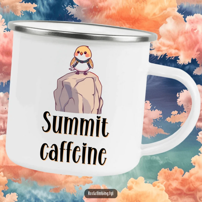 Funny bird harness camping mug of a small bird in a harness, perched on a high rock. Ideal for outdoor adventures, a humorous gift.