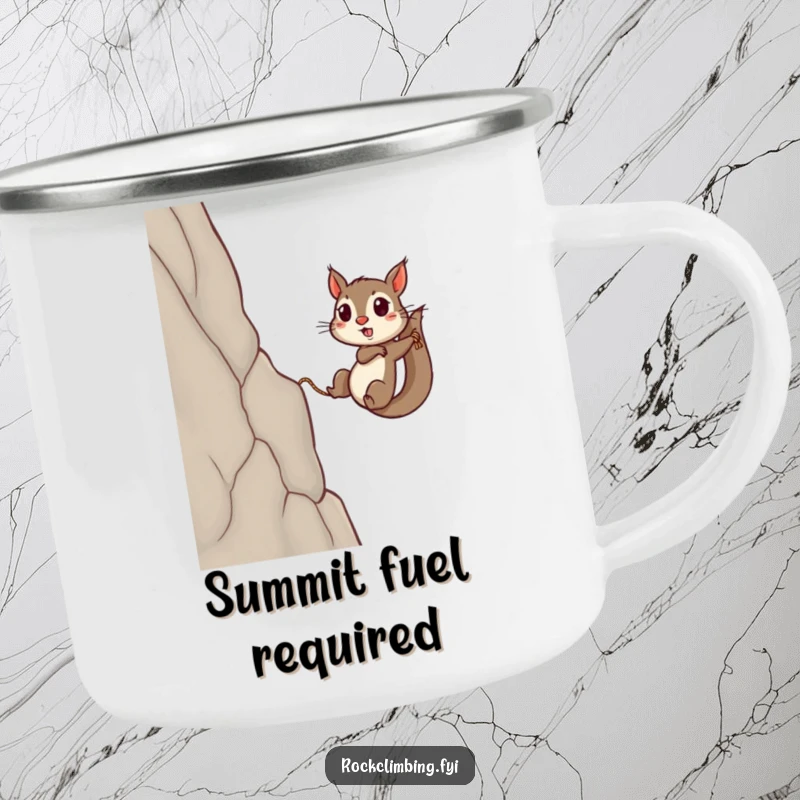 Funny squirrel camping mug showing a determined rodent ascending a steep cliff with a rope, ideal for campfire stories.
