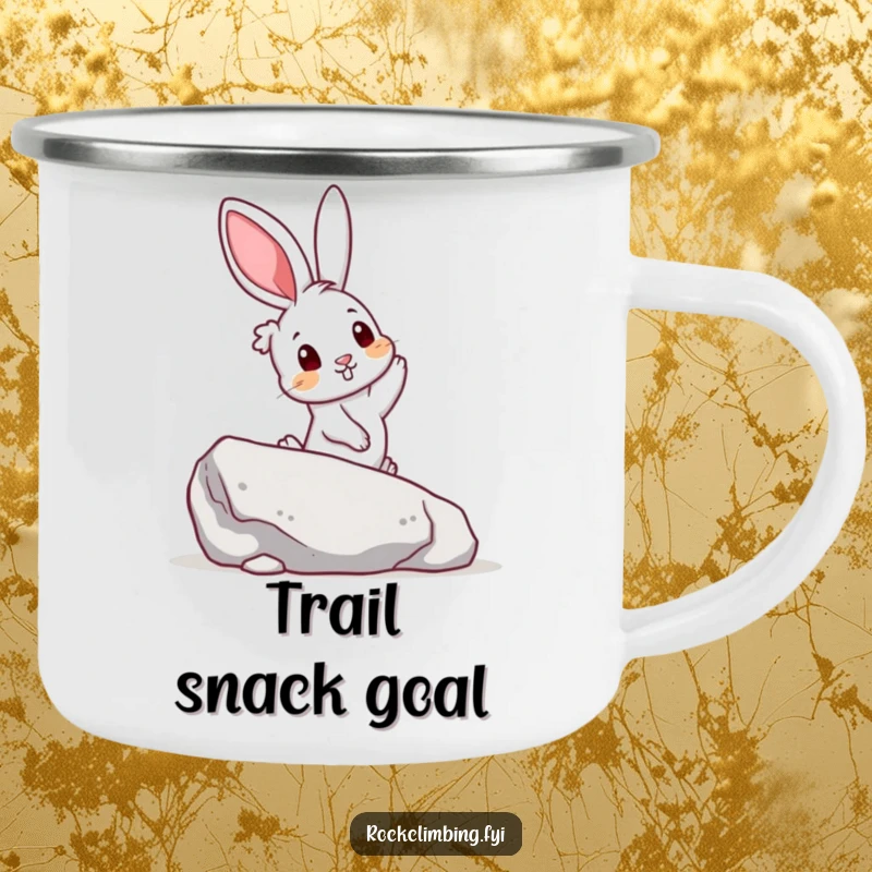 Funny camping mug depicting a curious rabbit reaching for a colorful handhold on a boulder, designed for outdoor enjoyment.