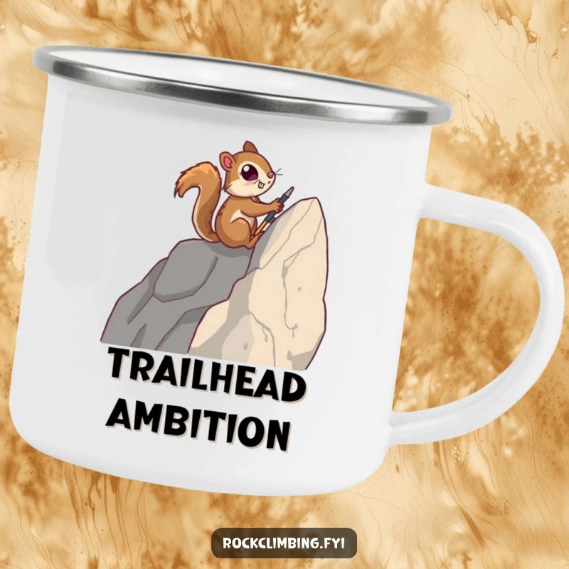 Funny camping mug featuring a determined squirrel using tiny tools to ascend a sheer rock face, ready for a summit brew.