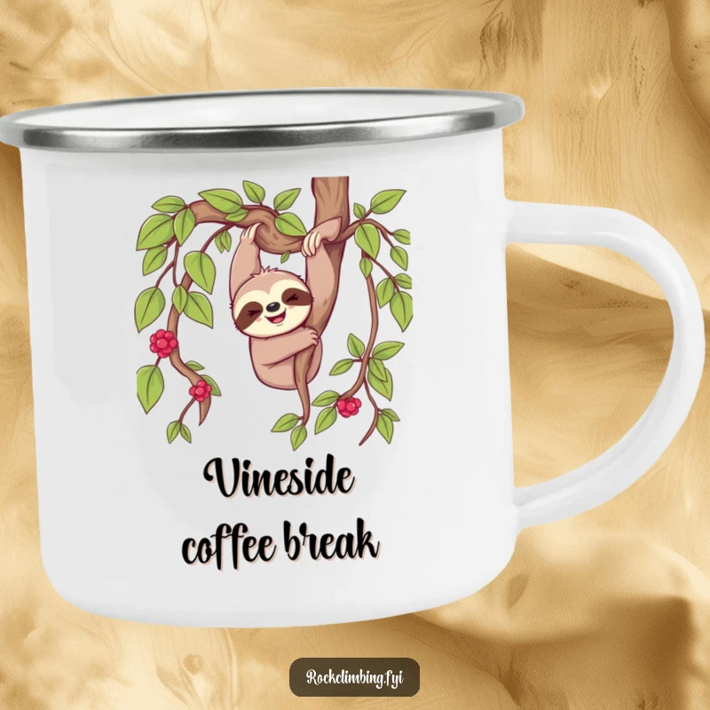 Funny cheerful sloth happily dangling from a thick vine on a durable camping mug.