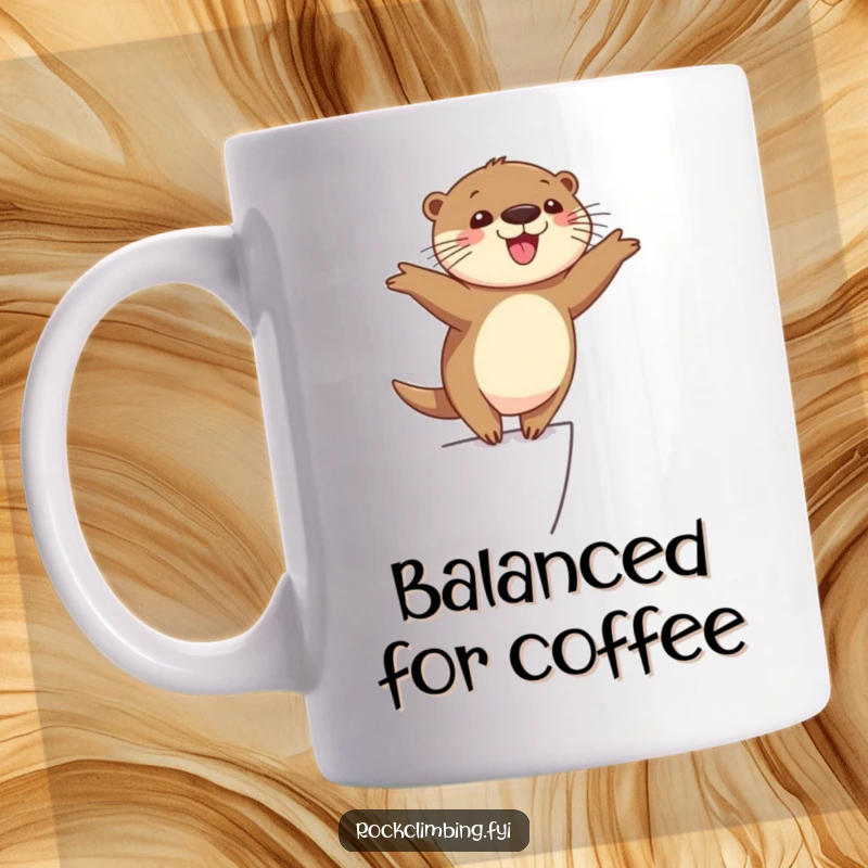 Funny cheerful otter balancing precariously on a narrow ledge with arms outstretched, looking happy and adventurous, wildlife mug.