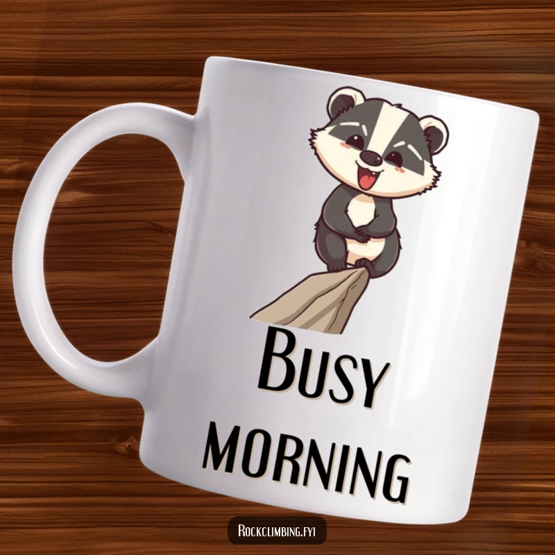 Funny mug featuring a cheerful badger expertly navigating a narrow ledge with confident steps, celebrating bravery.