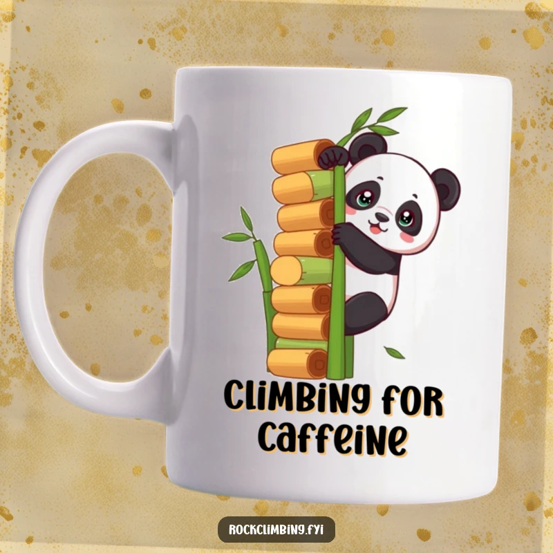 Funny determined panda scaling a huge stack of bamboo stalks on a mug, symbolizing perseverance and humor.