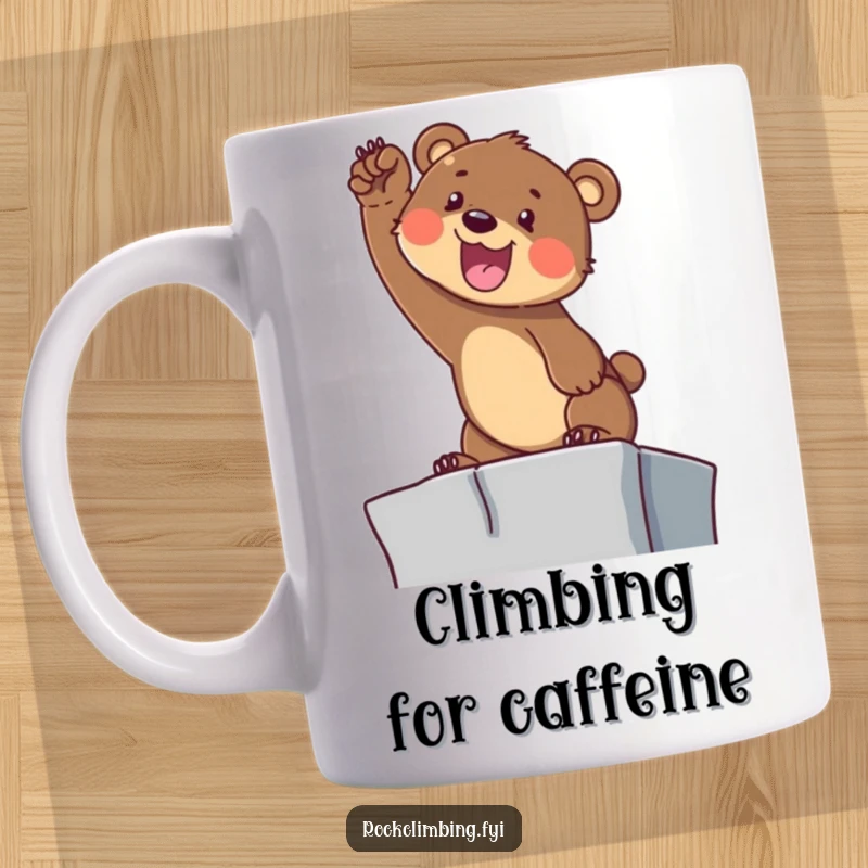 Funny Bear Cub Climbing Mug: A determined cub yelps cheerfully while reaching for a high ledge, inspiring gift.