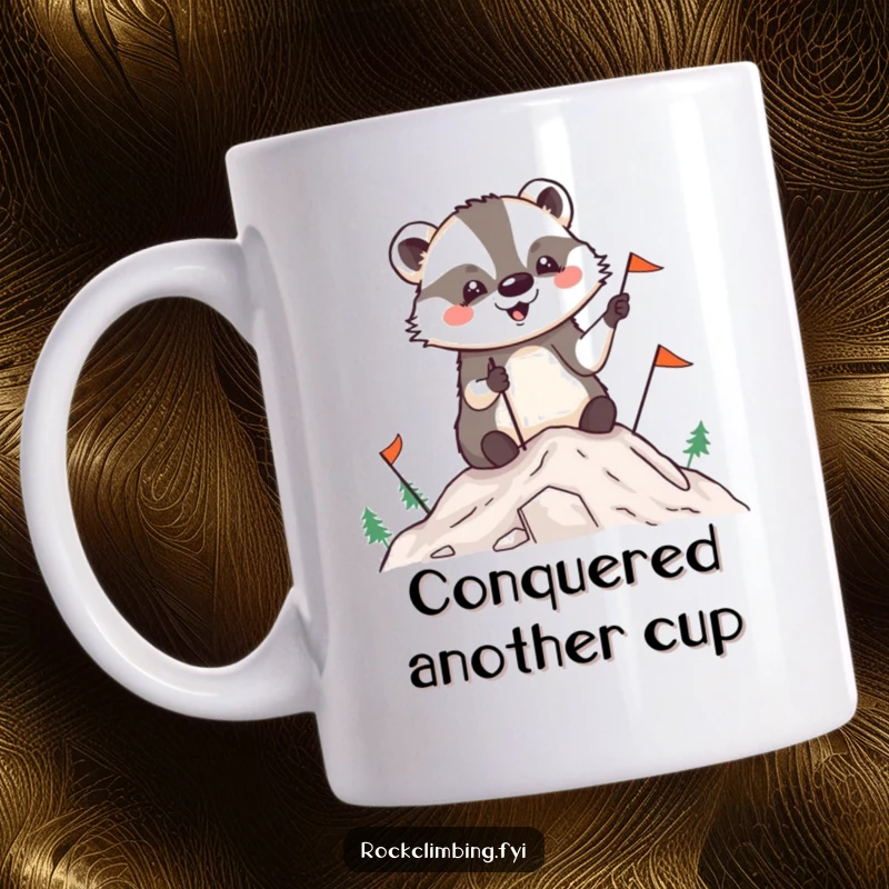 Funny badger mug showing a triumphant badger planting flags on a mountain peak, symbolizing success and humor.