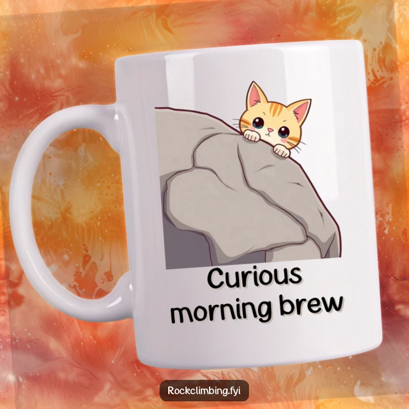 Funny curious cat peering over a massive boulder edge, whiskers twitching, looking intrigued and ready for adventure, cat mug.