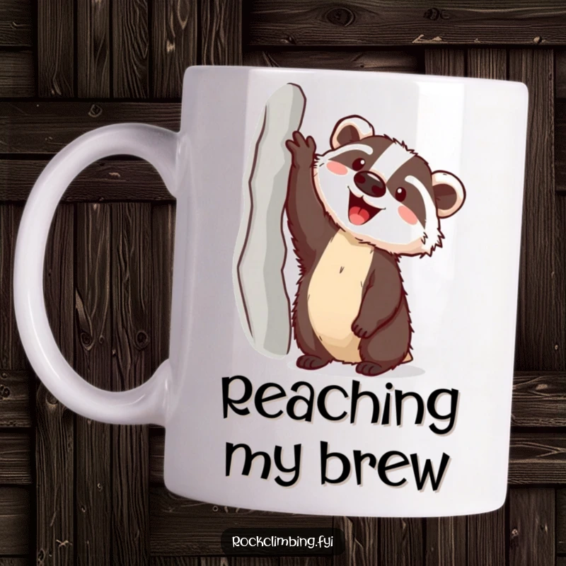Funny happy badger using a piton to reach a high ledge on a mug, showcasing adventurous spirit and humor.