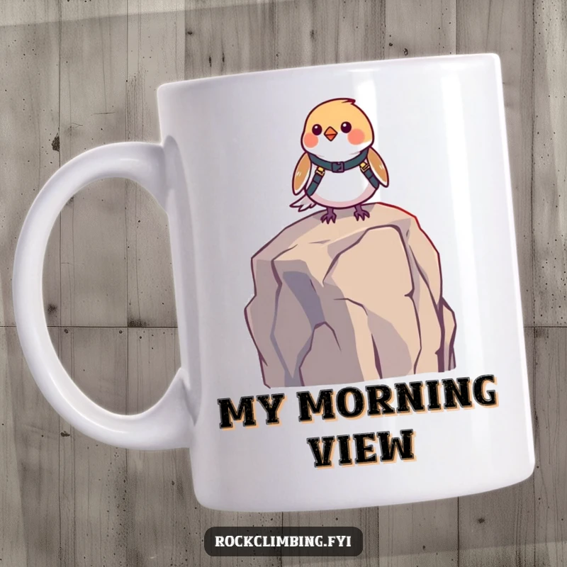 Funny bird harness mug showing a determined small bird in a harness, perched on a high rock, ready for extreme adventure. A humorous gift.