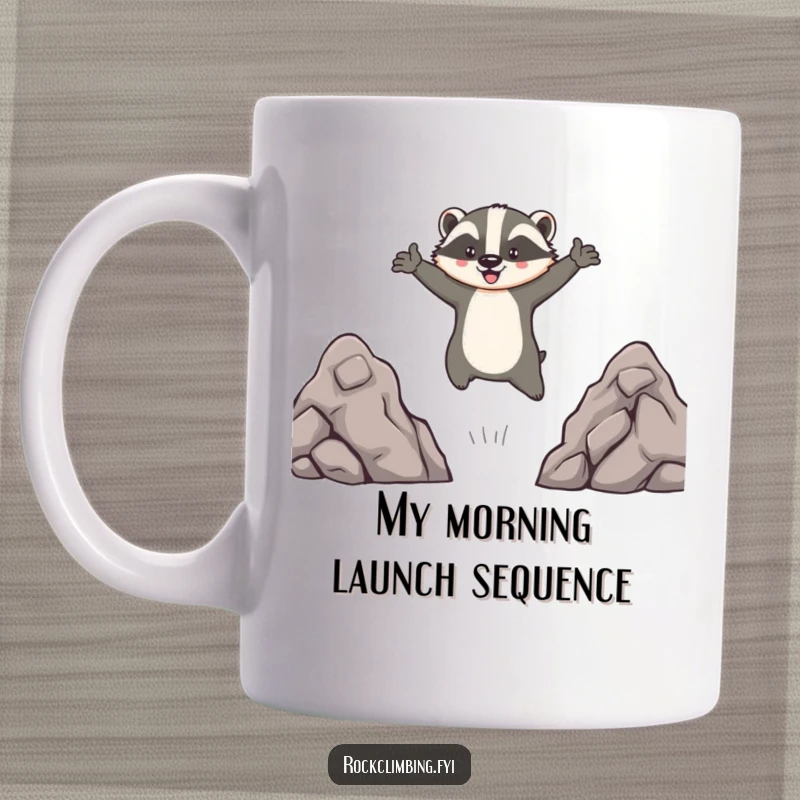 Funny mug featuring a brave badger mid-leap between rocks, arms outstretched in a hilarious, daring adventure pose, perfect for animal lovers.