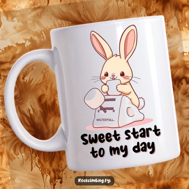 Funny bunny mug featuring a playful bunny using a marshmallow as a climbing aid, embodying sweet mischief and humor.