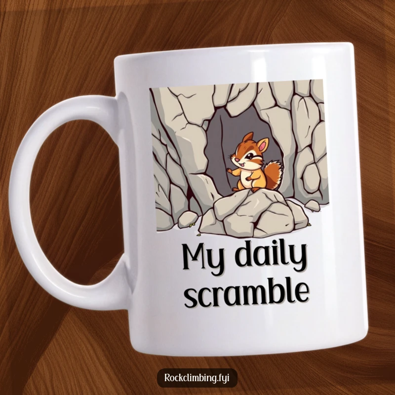 Funny chipmunk rock mug showing a small chipmunk bravely navigating a jagged rock formation. A humorous and adventurous gift.