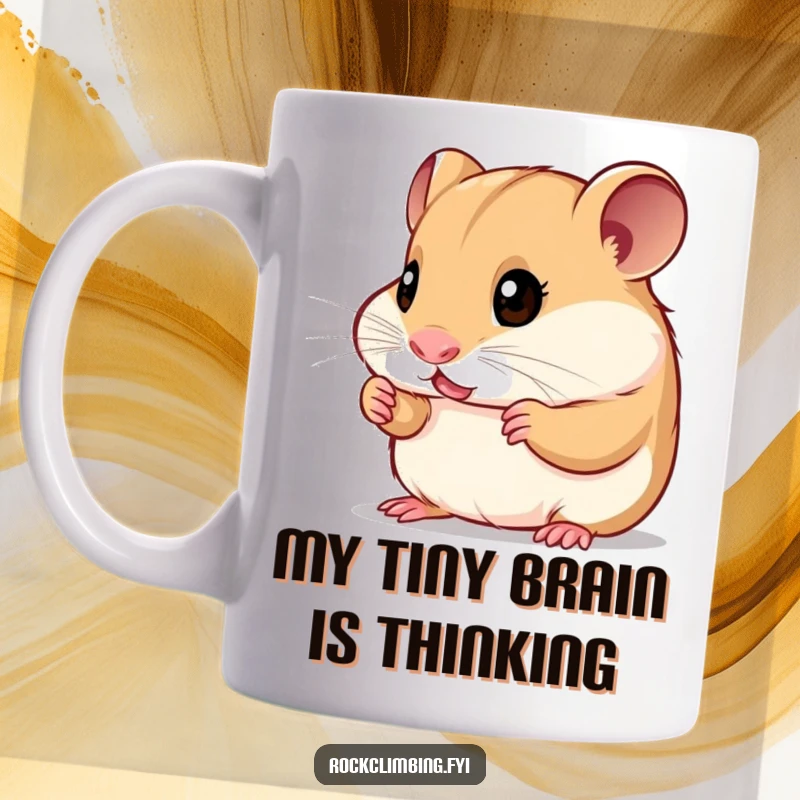 Funny curious hamster mug showing a small rodent with bright eyes examining tiny handholds, ready for an adventure.