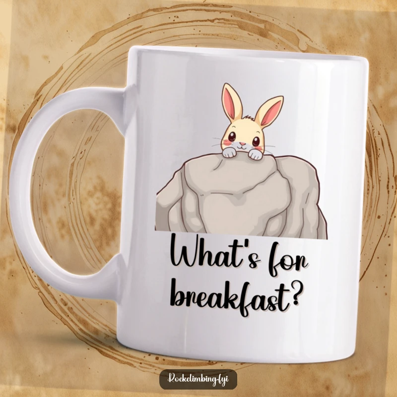 Funny mug showing a curious rabbit peeking over a rocky outcrop, embodying exploration and innocent wonder in nature.