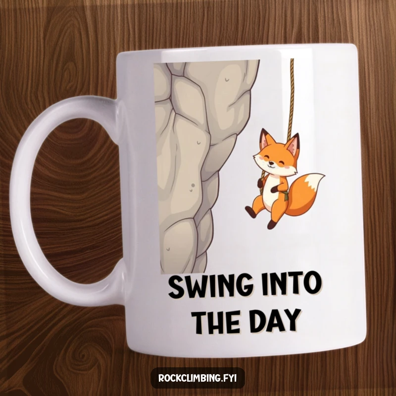 Funny Fox Mug: A playful fox dangles gleefully from a rope swing attached to a tall, imposing crag, embodying fun.