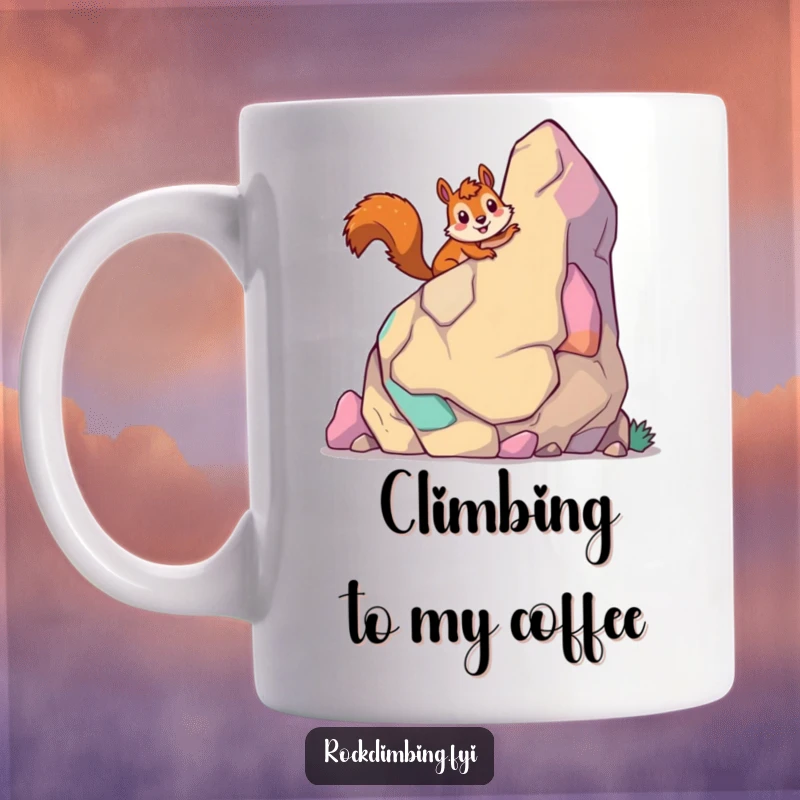 Funny giddy squirrel mug showing a happy squirrel smiling while climbing a giant, colorful cartoon rock.