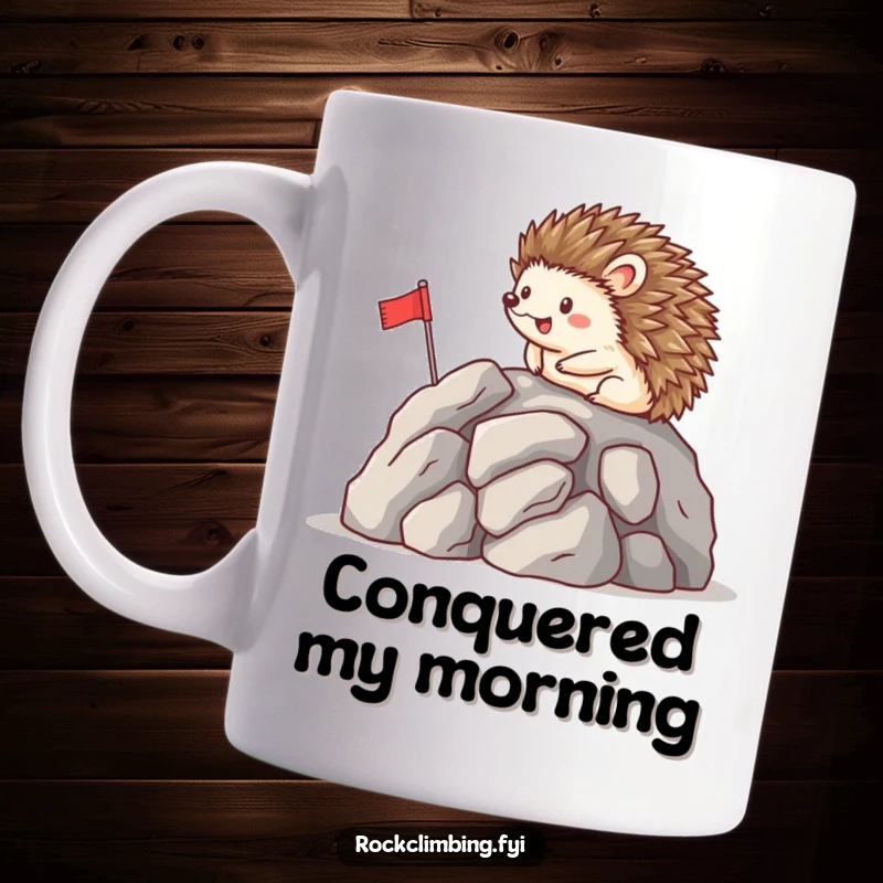 Funny mug featuring a happy hedgehog placing a tiny flag atop a rocky peak, embodying cheerful achievement and perseverance.