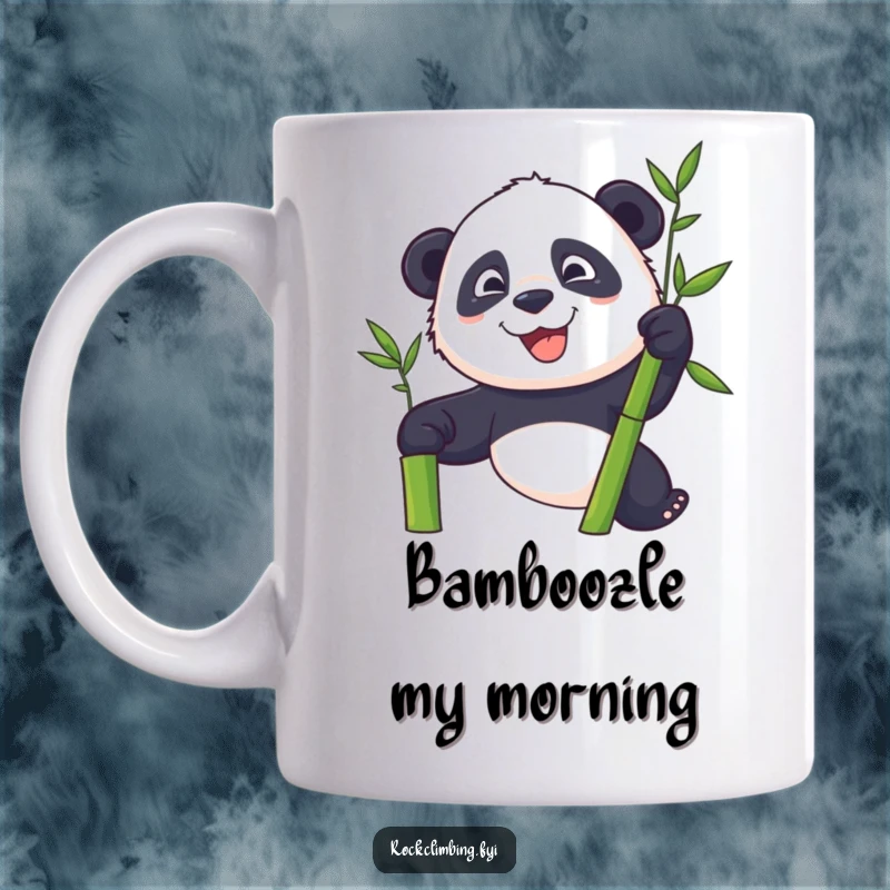 Funny panda with a determined grin climbing a lush bamboo stalk, ideal for animal lovers.