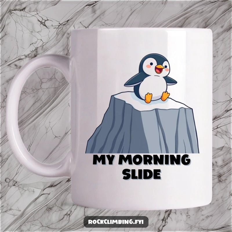 Funny Mug depicting a happy penguin gleefully sliding down a sheer cliff face on its belly, full of pure joy.