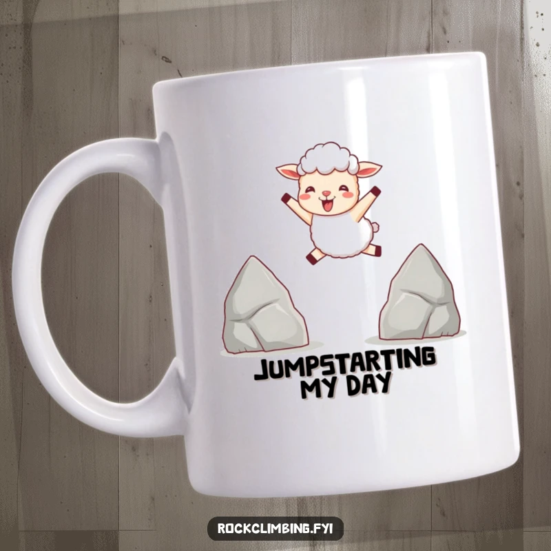 Funny mug featuring a delighted sheep mid-leap between two pointed rocks, showcasing pure, joyful energy.