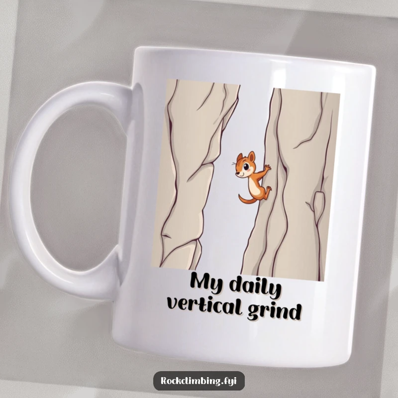 Funny squirrel mug, showcasing a determined squirrel heroically scaling a steep cliff face with intense focus and tiny, powerful claws.