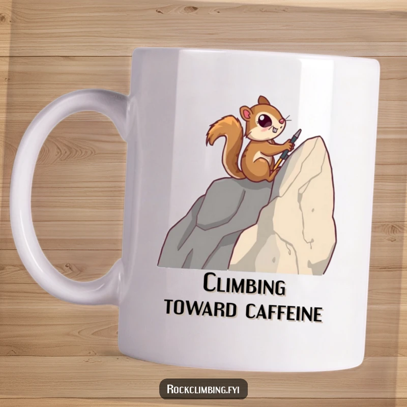 Funny squirrel mug showing a determined squirrel using tiny tools to ascend a steep rock face, embodying ambition.