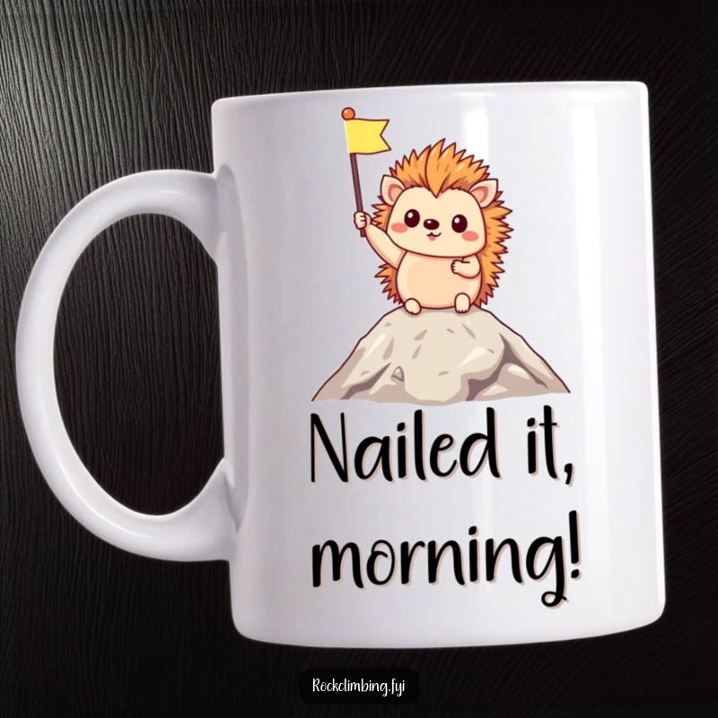 Funny Mug featuring a triumphant hedgehog holding a small flag, standing joyfully at a mountain summit, celebrating a grand achievement.