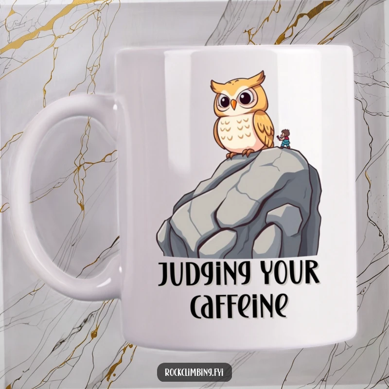 Funny wise owl perched on a rocky outcrop, observing a climber below with amusement on a mug.