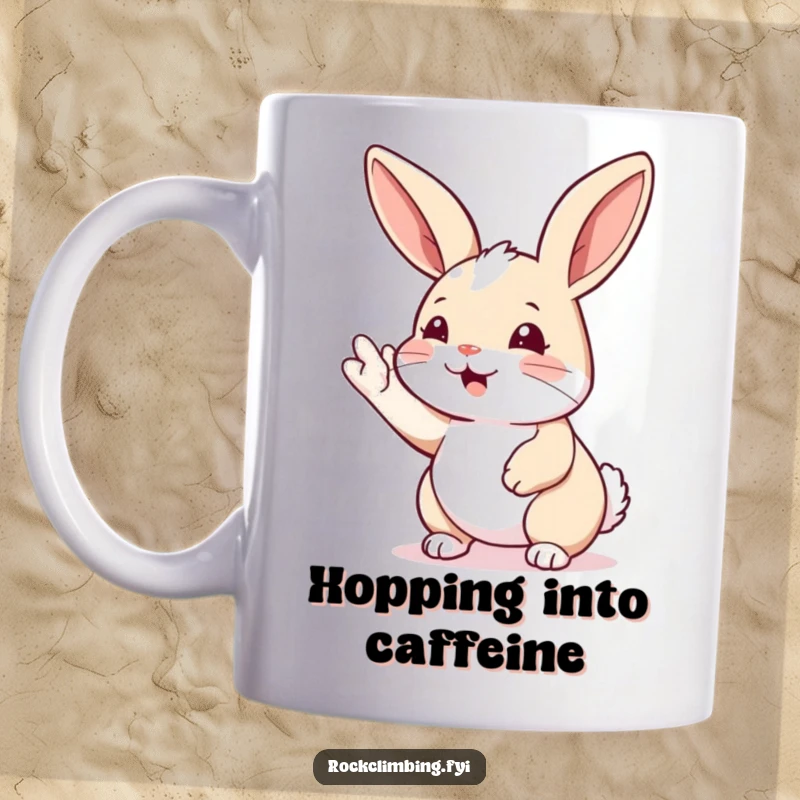 Funny rabbit climbing mug showing a rabbit eagerly reaching for the next handhold on a steep surface. An inspirational and humorous gift.