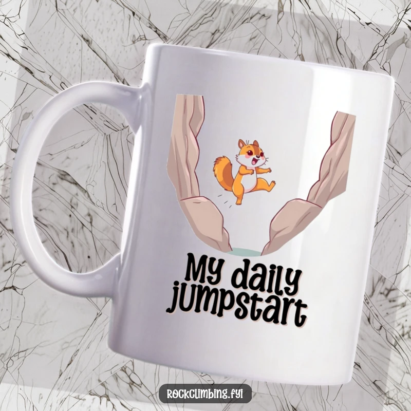 Funny determined squirrel leaping joyfully mid-air across a chasm between two rocks on a mug.