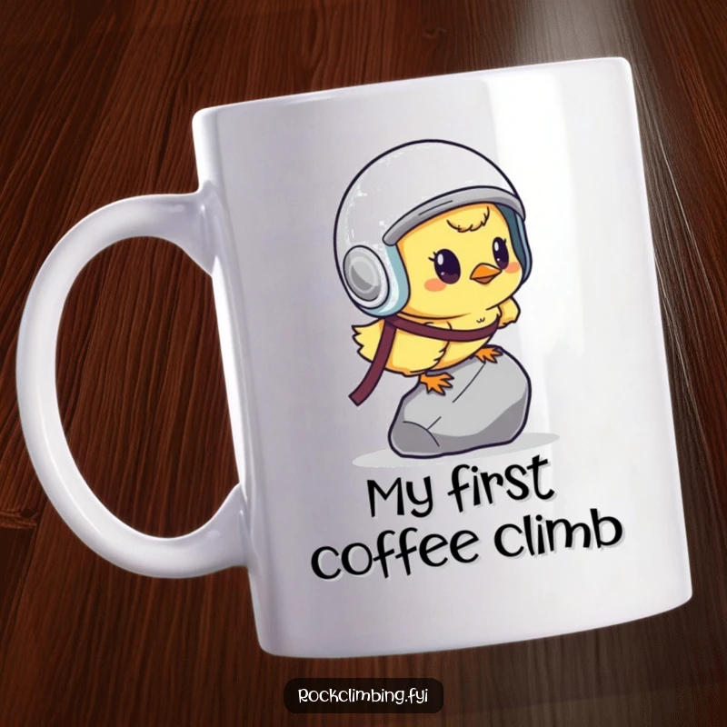 Funny determined chick wearing a helmet, courageously scaling a tiny pebble, symbolizing big ambition.