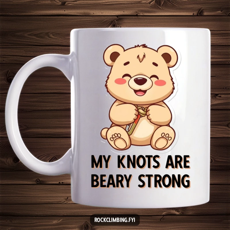 Funny bear cub mug, a grinning cub meticulously attaches a carabiner to a knot, showcasing climbing skill and a happy expression.
