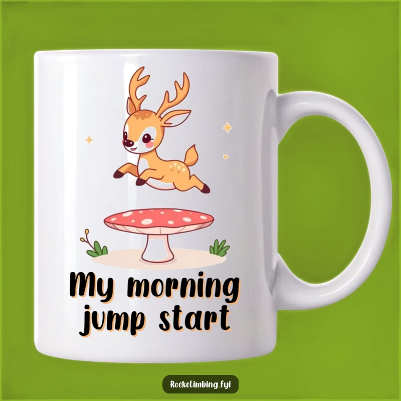 Funny Jumping Deer Trampoline Mushroom Mug - Hilarious Woodland Creature Gift