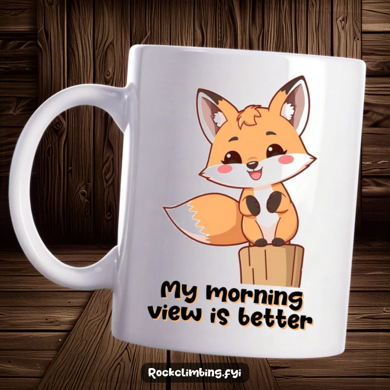 Funny Fox Mug showing a cheerful fox with a big toothy grin perched high, ready to spread laughter and joy.