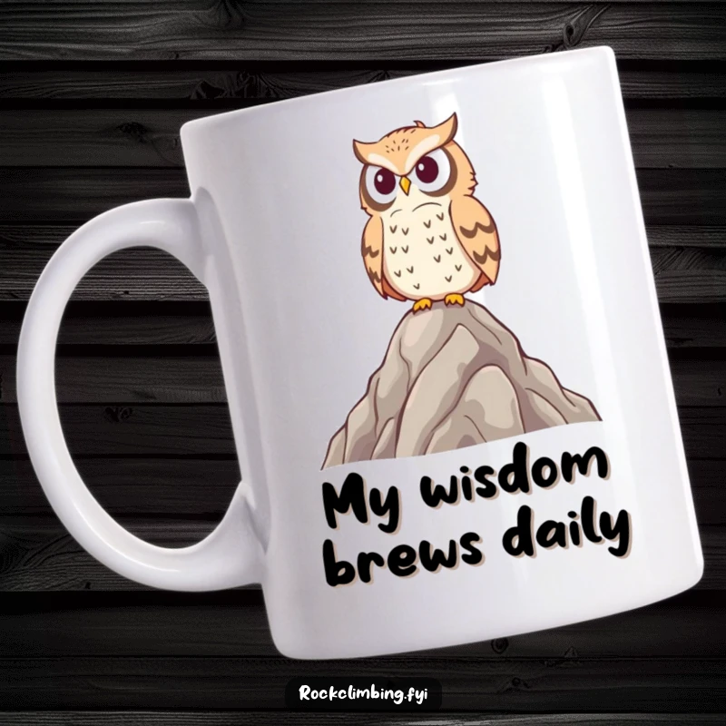 Funny owl mug perched high on a rocky peak, looking proud and wise, surveying the landscape with a smug expression.