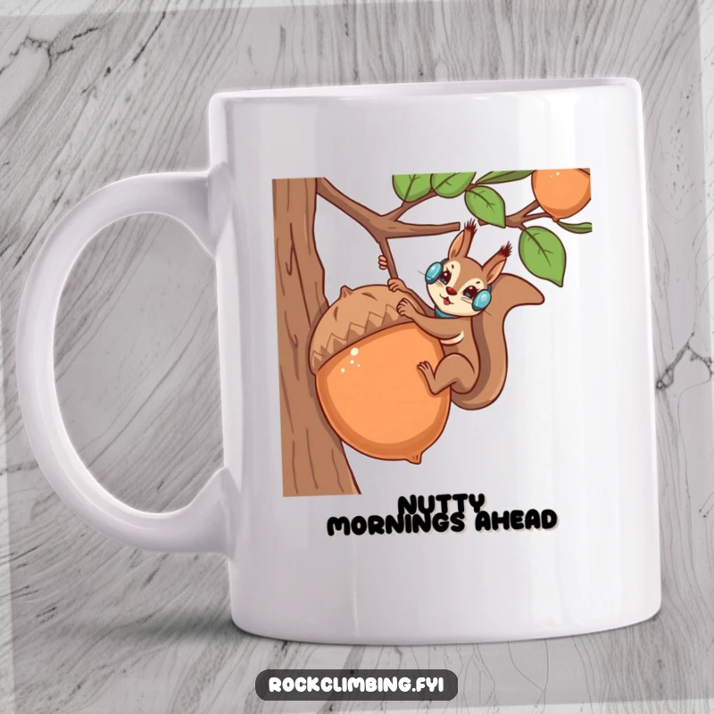 Funny squirrel wearing climbing gear scaling a giant acorn, perfect for outdoor adventure enthusiasts.