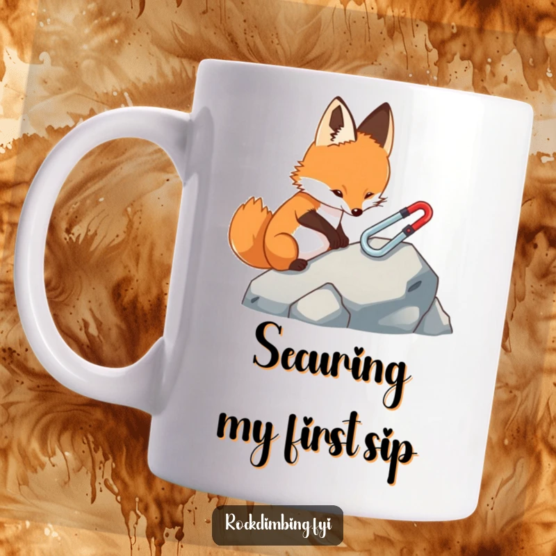 Funny fox mug, showing a focused fox carefully attaching a tiny carabiner to a rock, symbolizing preparedness and outdoor adventure.